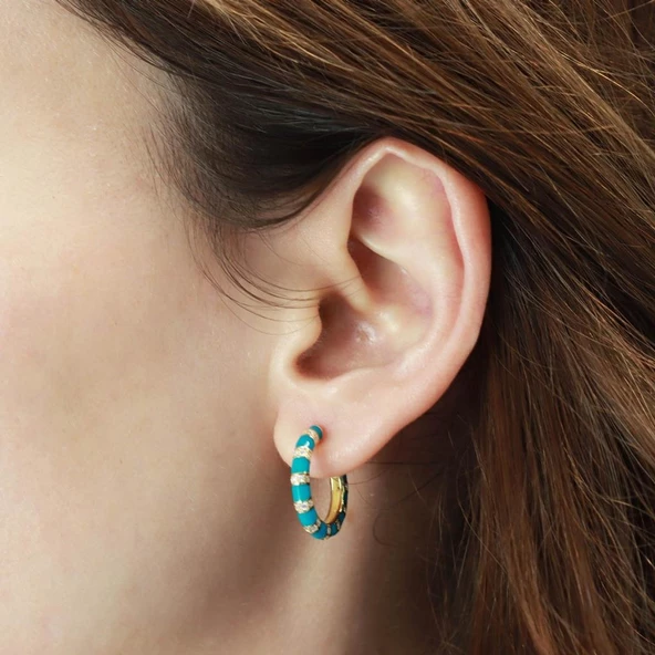 Yeşil Mine İşli Gold Kaplama Gümüş Halka Küpe - Resim 3