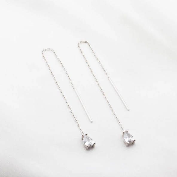 Damla Zirkon Taş Gümüş Zincir Küpe ürün görseli 1