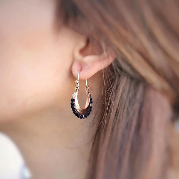 Onix Taşlı Otantik Rose Gold Kaplama Gümüş Küpe