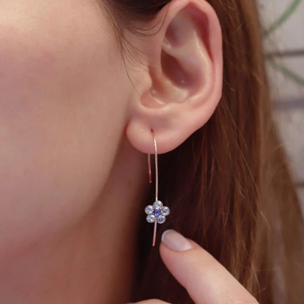 Çiçek Swarovski Taşlı Rose Gold Kaplama Gümüş Çengel Küpe - Resim 2