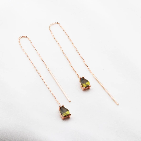 Damla Yeşil Zirkon Taş Rose Gold Kaplama Gümüş Zincir Küpe ürün görseli 1