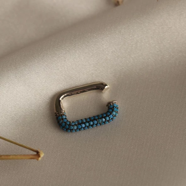 Dikdörtgen Mikro TurkuazTaşlı Gümüş Kıkırdak Küpe - Resim 3