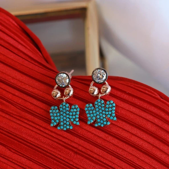 Turkuaz Taşlı Mini Melek Figürlü Rose Gold Kaplama Gümüş Küpe - Resim 2