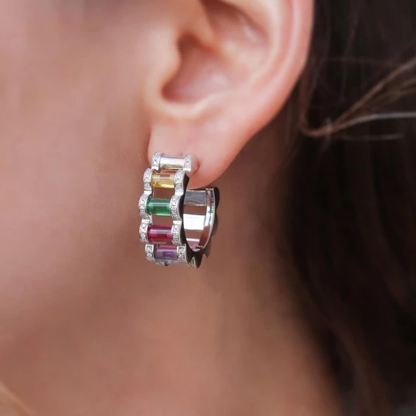 Rainbow Renkli Taşlı Gümüş Küpe - Resim 2