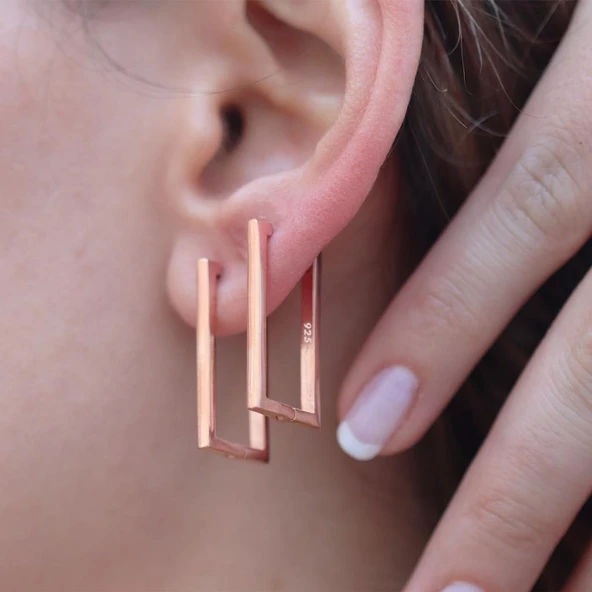 Rose Gold Kaplama Dikdörtgen Halka Gümüş Halka Küpe - Resim 2
