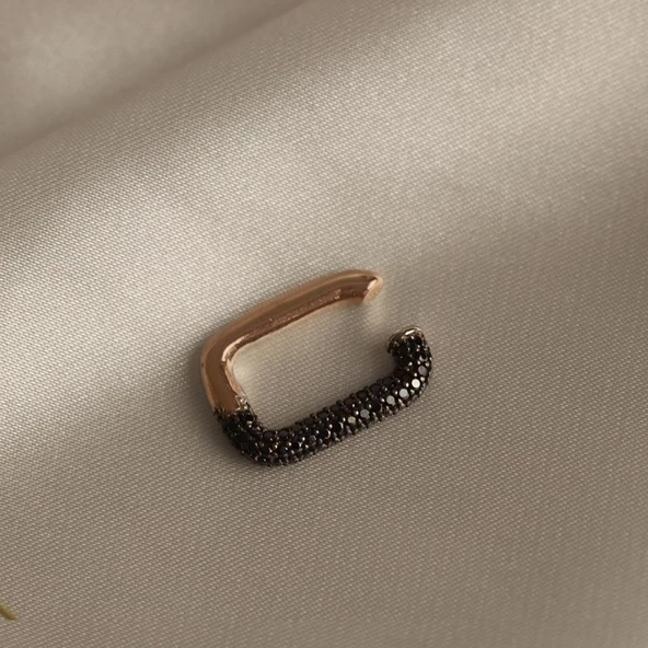 Dikdörtgen Siyah Zirkon Taşlı Rose Gold Kaplama Gümüş Kıkırdak Küpe - Resim 3
