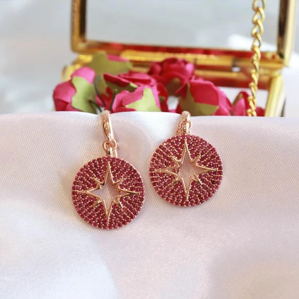 Fuşya Zirkon Taşlı Kutup Yıldızı Yuvarlak Rose Gold Kaplama Gümüş Küpe - Resim 3