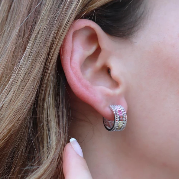 Renkli Baget Taşlı Gümüş Küpe - Resim 3