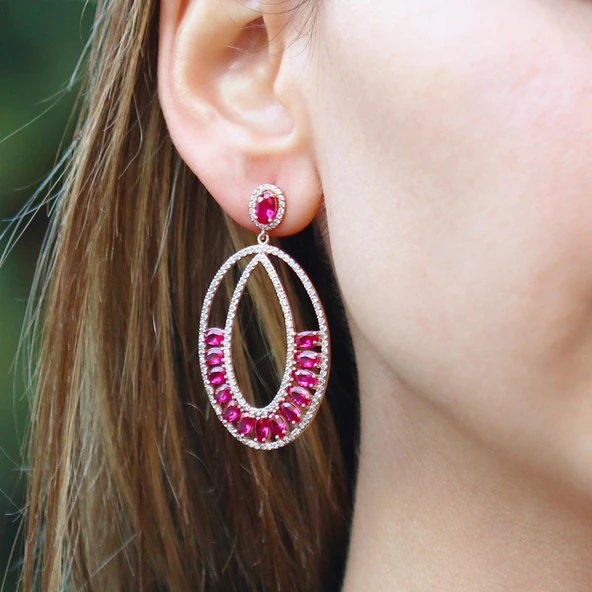 Pembe Zirkon Taşlı Glamore Rose Gold Kaplama Gümüş Küpe - Resim 3