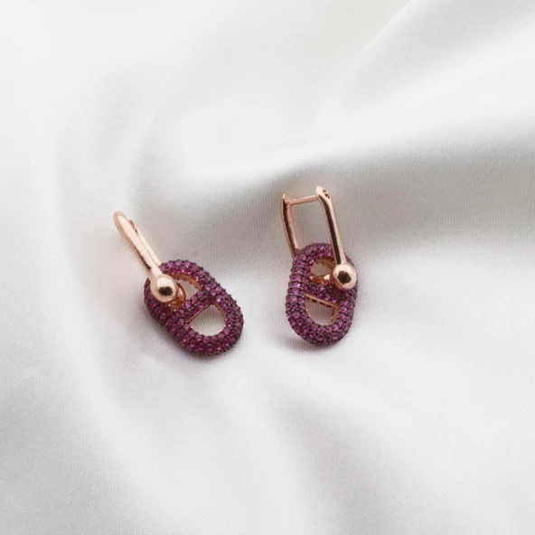 Fuşya Zirkon Taşlı Rose Gold Kaplama Düğme Gümüş Küpe ürün görseli 1