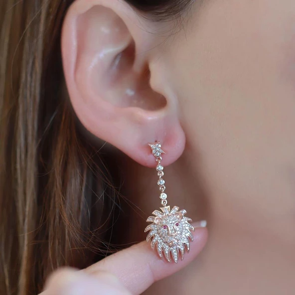 Aslan Başlı Zirkon Taşlı Rose Gold Kaplama Gümüş Küpe - Resim 2