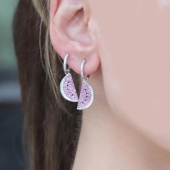 Zirkon Taşlı Karpuz Gümüş Küpe - Resim 3