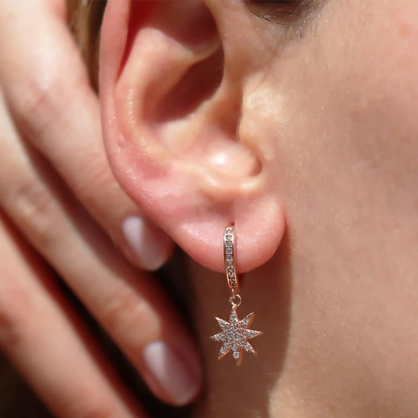 Zirkon Taşlı Kutup Yıldızı Rose Gold Kaplama Gümüş Küpe - Resim 2