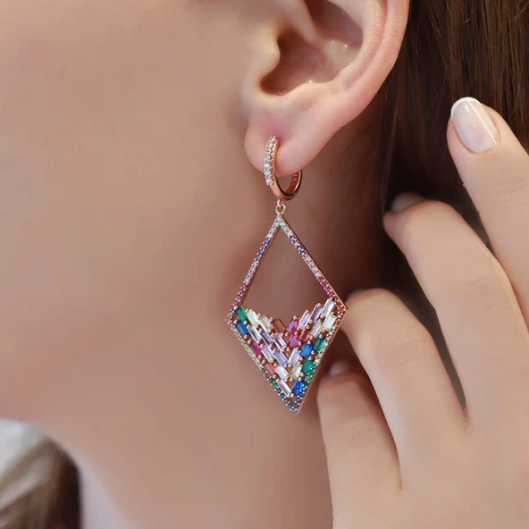 Renkli Baget Taşlı Rose Gold Kaplama Gümüş Küpe - Resim 3