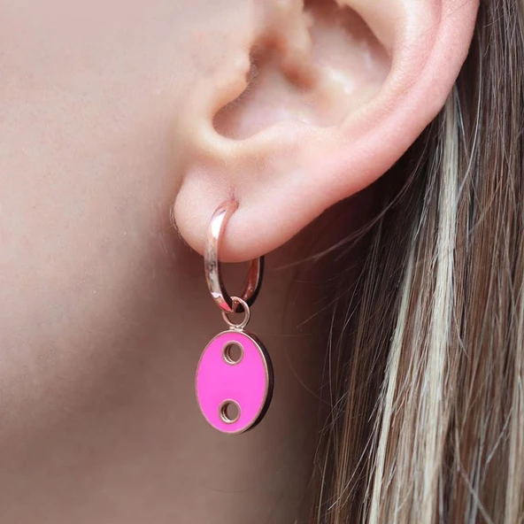 Mine İşli Neon Pembe Rose Gold Kaplama Gümüş Düğme Küpe - Resim 2