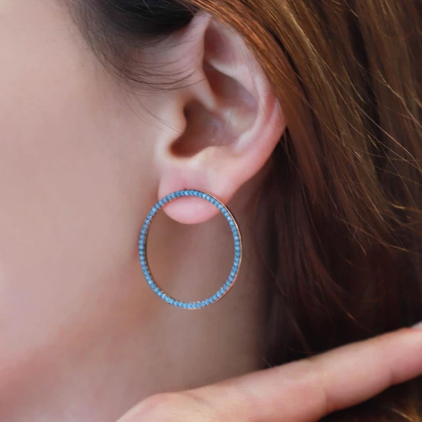 Yuvarlak Turkuaz Taşlı Rose Gold Kaplama Gümüş Küpe ürün görseli 1