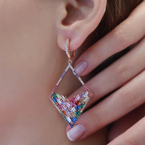 Renkli Baget Taşlı Rose Gold Kaplama Gümüş Küpe ürün görseli 1