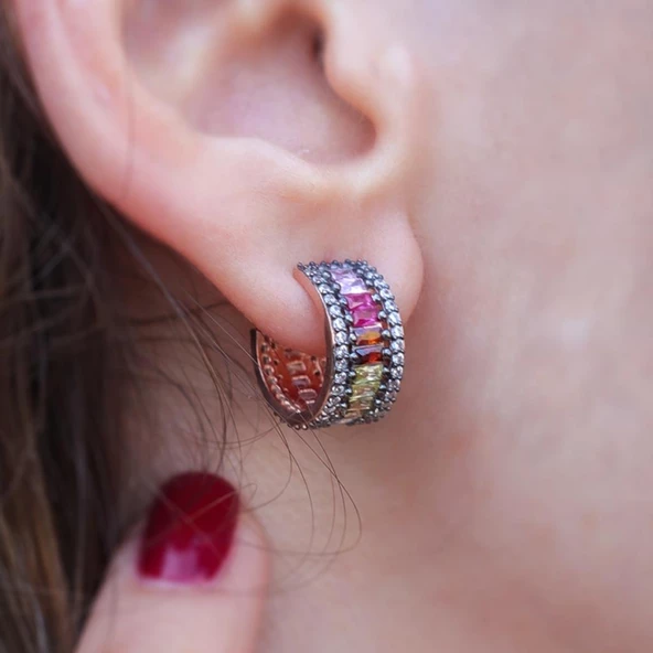 Renkli Zirkon Taşlı Baget Rose Gold Kaplama Gümüş Küpe - Resim 2