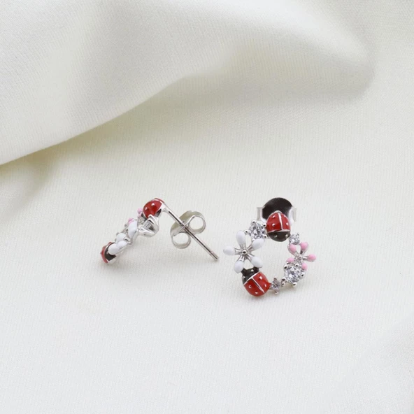 Uğur Böcekli Zirkon Taşlı  Mine İşli Çocuk Küpesi ürün görseli 1