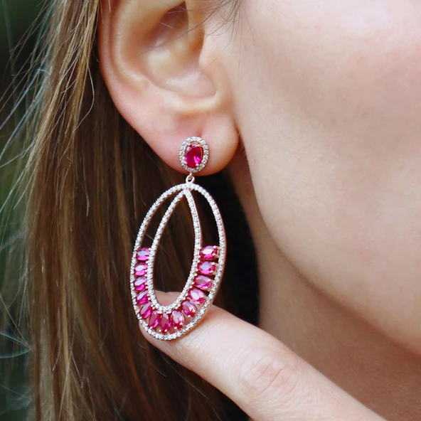 Pembe Zirkon Taşlı Glamore Rose Gold Kaplama Gümüş Küpe - Resim 2