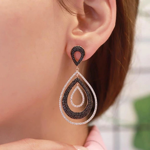 Siyah Zirkon Taşlı Rose Gold Kaplama Damla Model Gümüş Küpe - Resim 2