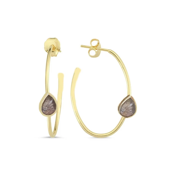 İğneli Rutil Kuvars Taşlı Gold Kaplama Halka Gümüş Küpe - Resim 4