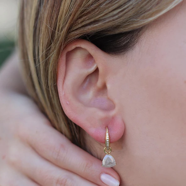 Beyaz Kuvars Taşlı Gold Kaplama Damla Gümüş Küpe ürün görseli 1