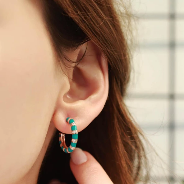 Yeşil Mine İşli Rose Gold Kaplama Gümüş Halka Küpe ürün görseli 1