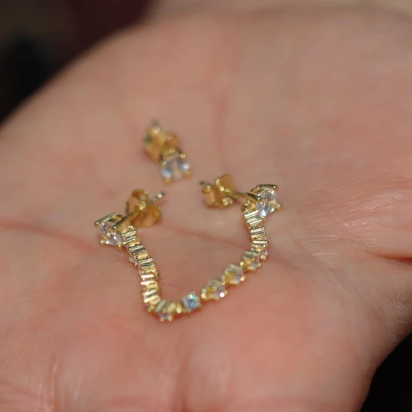 Zirkon Taşlı Gold Kaplama Zincir Küpe - Resim 4