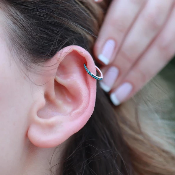 Turkuaz Taşlı Rose Gold Kaplama Gümüş Kıkırdak Küpe - Resim 3