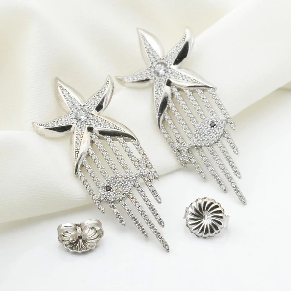 Deniz Yıldızı Zirkon Taşlı Tasarım Gümüş Küpe - Resim 2