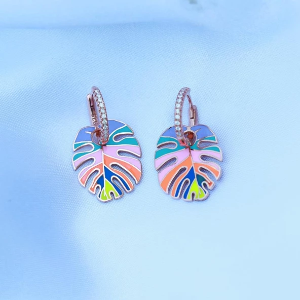 Rainbow Rose Gold Kaplama Mine İşli Yaprak Gümüş Küpe - Resim 2