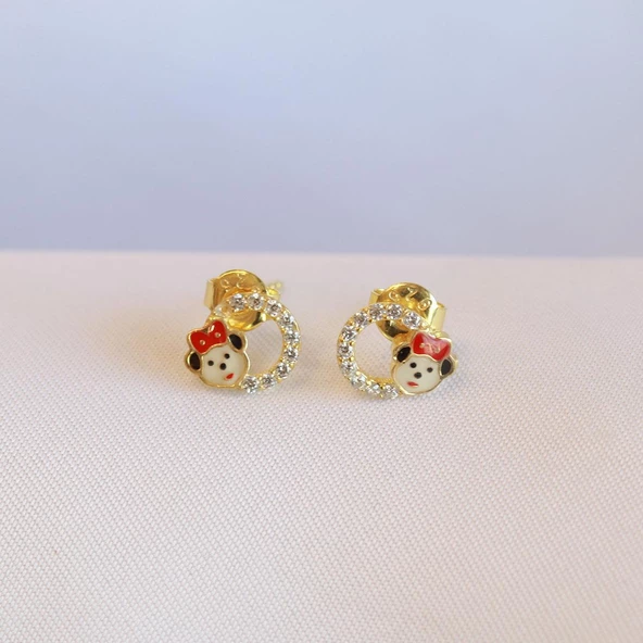 Zirkon Taşlı Gold Kaplama Mickey Mouse Çocuk Küpesi - Resim 2