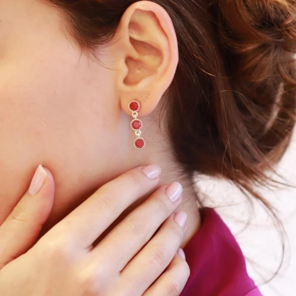 Kök Yakut Taşlı Su Yolu Otantik Gümüş Küpe - 5