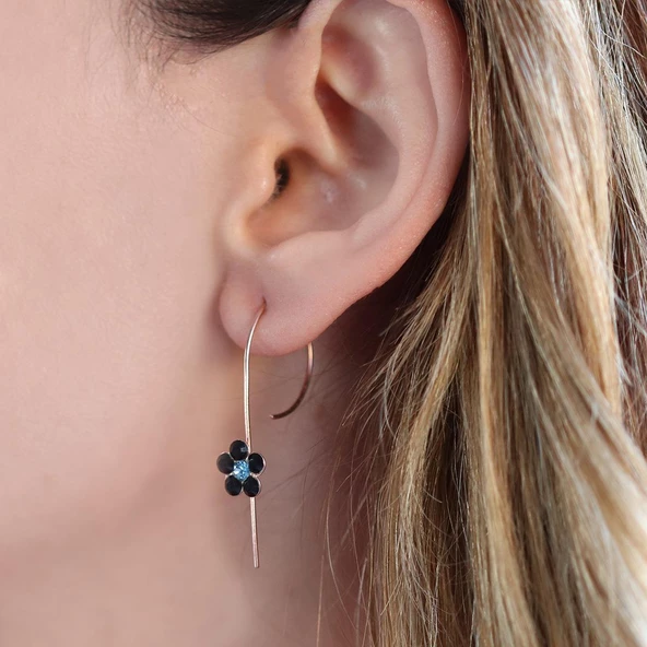 Çiçek Siyah Swarovski Taşlı Rose Gold Kaplama Gümüş Çengel Küpe - Resim 2