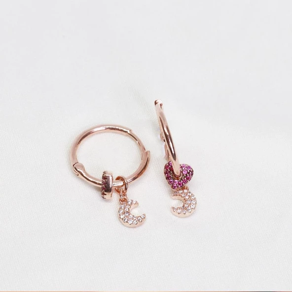 Zirkon Taşlı Ay Kalp Figürlü Rose Gold Kaplama Gümüş Küpe - Resim 4