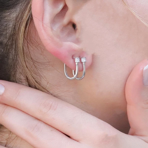 Zirkon Taşlı Kilit Gümüş Küpe - Resim 2