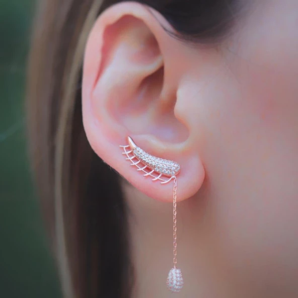 Kulağı Saran Sallantılı Zirkon Taşlı Rose Gold Kaplama Gümüş Küpe - Resim 4