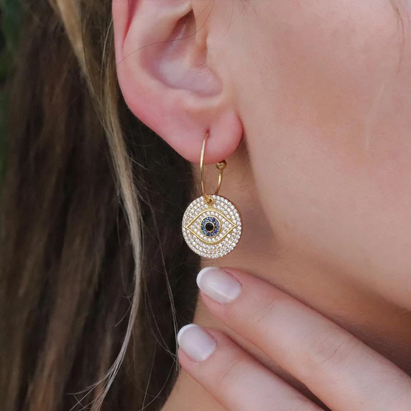 Apm Modeli Zirkon Taşlı Altın Kaplama Göz Gümüş Küpe - Resim 3