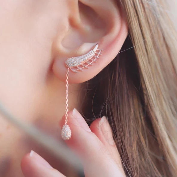 Kulağı Saran Sallantılı Zirkon Taşlı Rose Gold Kaplama Gümüş Küpe - Resim 2