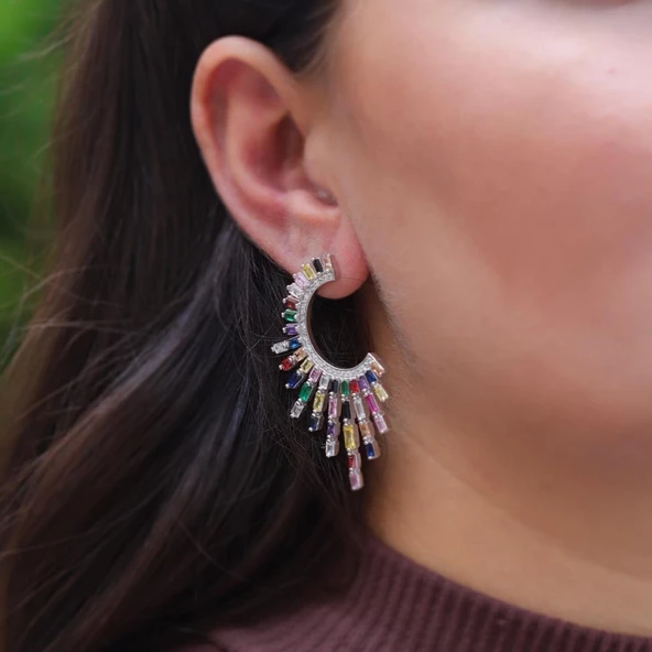 Renkli Zirkon Taşlı Güneş Tasarım Gümüş Küpe - Resim 2