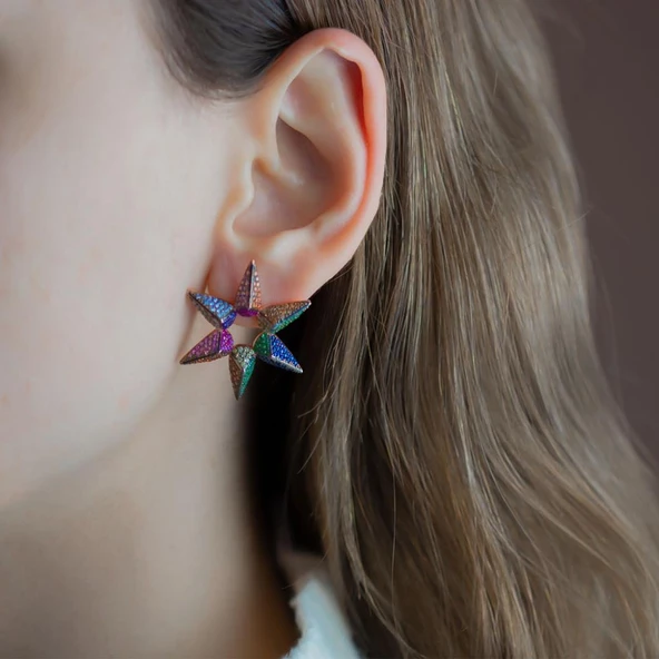 Renkli Zirkon Taşlı Gümüş Yıldız Küpe - Resim 3