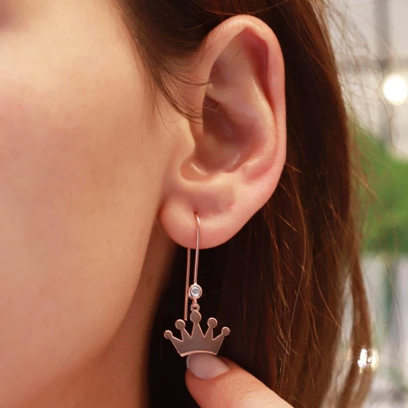 Kral Tacı Zirkon Taşlı Rose Gold Kaplama Gümüş Çengel Küpe ürün görseli 1