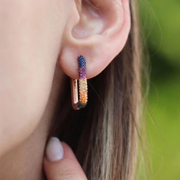 Renkli Zirkon Taşlı Dörtgen Rose Gold Kaplama Gümüş Küpe ürün görseli 1