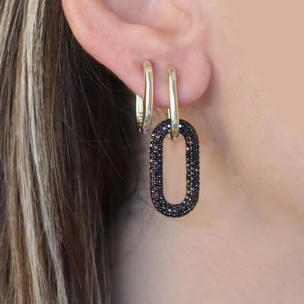 Apm Monaco Modeli Siyah Zirkon Taşlı Gold Kaplama Gümüş Küpe - Resim 2