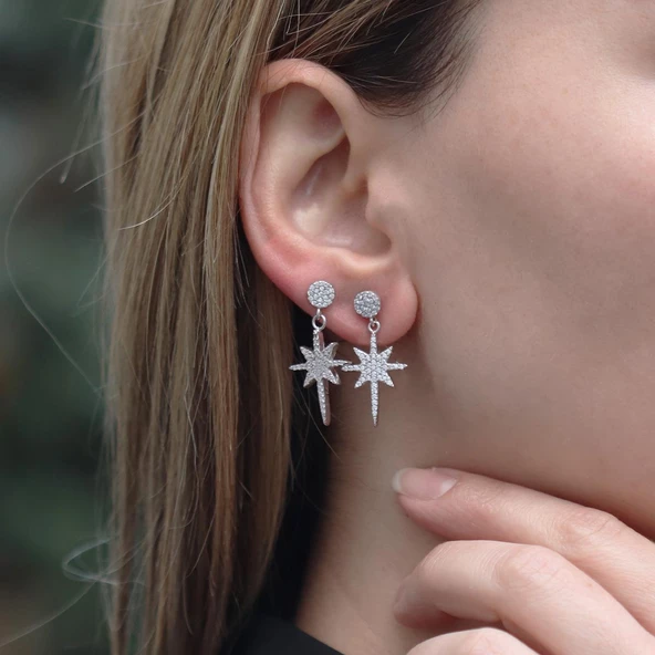 Kutup Yıldızı Zirkon Taşlı Gümüş Küpe - Resim 3