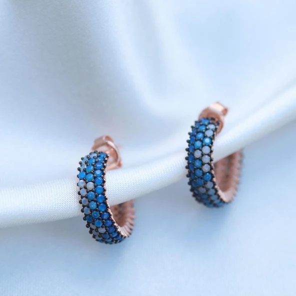 Nano Taşlı Rose Gold Kaplama 3 Sıra Tamtur Gümüş Küpe - Resim 2