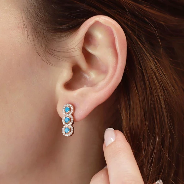 3 Taş Turkuaz Rose Gold Kaplama Gümüş Küpe - Resim 2