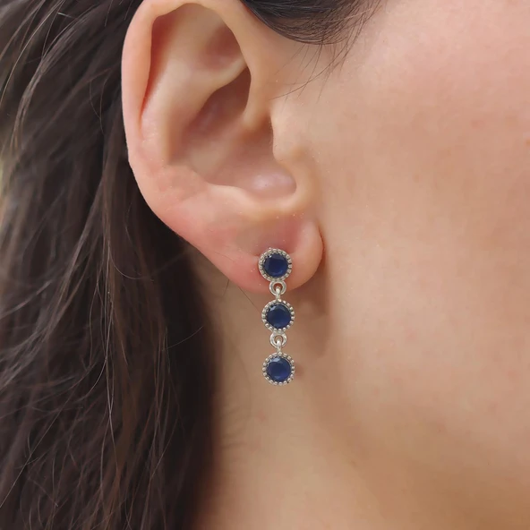 Kök Safir Taşlı Otantik Gümüş Küpe - Resim 3