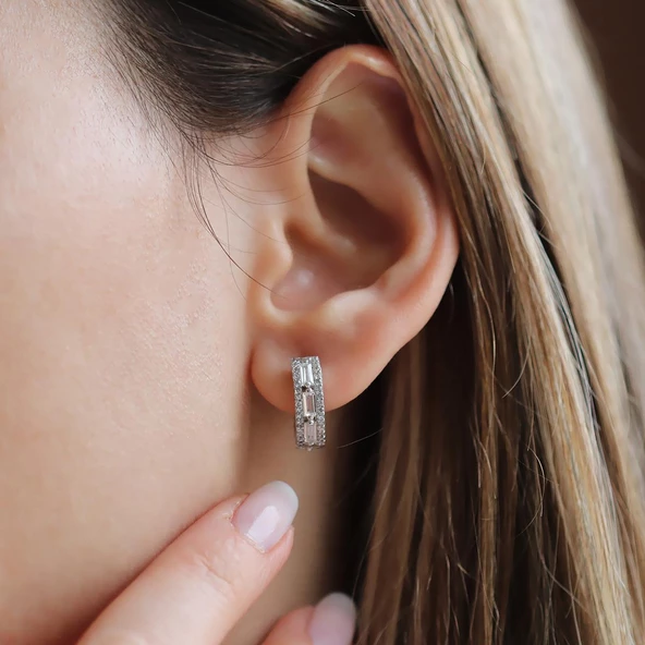 Baget Kesim Starlight Diamond Gümüş Halka Küpe - Resim 3